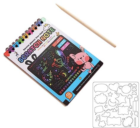 10 Blatt Kratzbilder für Kinder, Regenbogen Kratzpapier, Kratzzeichnung Graffiti, Magic Scratch Book, Mit 1pc Holzstifte und 1pc Malschablonen, Für Kinderkritzeleien, DIY Malerei (14 x 10.5 cm)