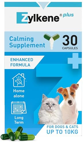 Zylkene Plus Calming Supplement for Cats & Dogs up to 10kg | Promotes Relaxation in long-term challenging situations: New baby, Home Alone, Moving house | Easily administered | 30 capsules