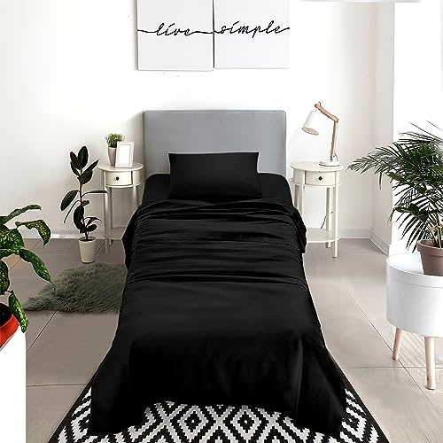 IlGruppone Set Lenzuola 100% Cotone Di Flanella Completo Letto Made In Italy Anti-Pilling Tinta Unita Lenzuolo Sopra Sotto Federe (Singolo, Nero)