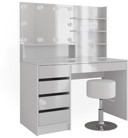 Vicco Schminktisch Sherry, Weiß, 120 cm mit LED Beleuchtung, Hocker und Spiegelregal