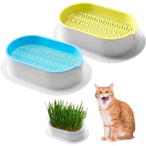 Lot de 2 Bacs à Plantes pour Herbe à Chat - Plateau de Germination avec Grille de Protection (Gris-Vert + Bleu-Blanc)