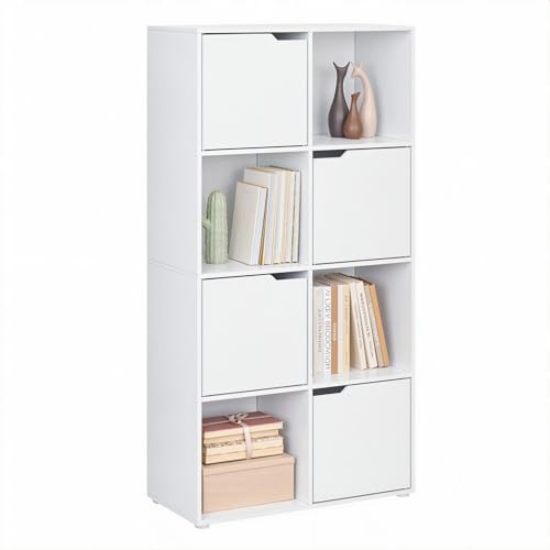 WOLTU Libreria Autoportante, Libreria Bianca a 8 Cubi Portaoggetti, Porta Libri con 4 Ante, Scaffale Portaoggetti per Soggiorno, Ufficio, Studio, in Legno, SK039ws