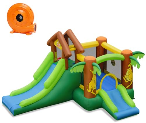 Maxmass Kids Bounce House, Inflatable Bouncy Castle with 2 Slides, Climbing Wall & Basketball Hoop, Blow-Up Jump Slide Bouncer for Garden Play Center Indoor Outdoor (6-In-1, With 450-520W Blower)