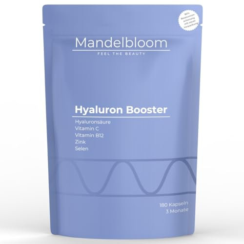 MANDELBLOOM Hyaluron-Booster • Hyaluronsäure Kapseln • mit Vitamin C, B12, Biotin und Selen • Hochdosiert 500mg Hyaluron • 180 Stück 3 Monate • 800 kDa • Laborgeprüft • Vegan • Made in Germany