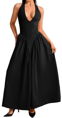 ChiaoLezhee Deep V Neck Dress, Halter Maxi Dresses, Vacation Date Night, Sexy for Women Corset Flowy Wedding Guest Drop Waist Bridesmaid Valentines, Black, Large