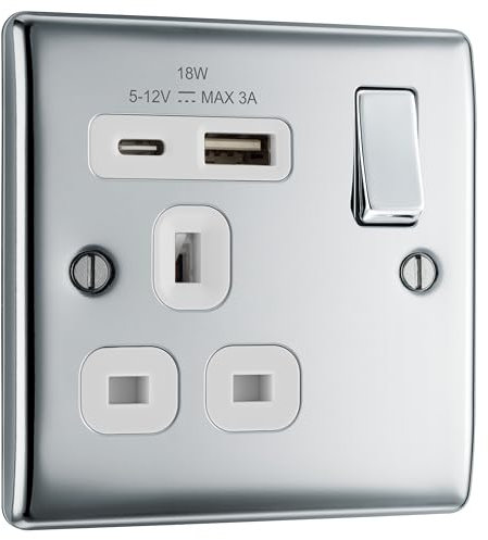BG Electrical 18W Single Switched Power Plug Wall Socket with Type A USB and Type C USB Charging Ports, Fast Charge, Round Edges, Nexus Metal, Polished Chrome, White Inserts,13A, NPC21UAC18W