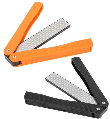 2 Stück Doppelseitiger Schärfer, Manuelle Messerschärfer 400/600 Körnung, Tragbarer, Zusammenklappbarer Diamantschärfer für Küchen- und Gartenschleifwerkzeuge (Schwarz + Orange)