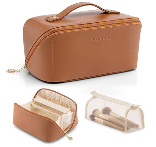 VLANDO Makeup Bag,Travel Toiletry Bag,Cosmetic Bag for Women PU Leather Portable Make up Bag for Skincare, Brushes & Travel Essentials-Brown