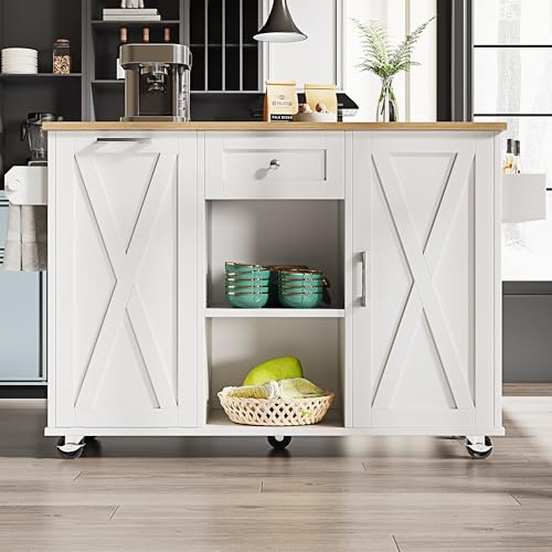 DACHETOU Isola cucina con armadietto da cucina per bidone della spazzatura, armadio a buffet, tavolo da pranzo multifunzione con spazio di archiviazione, carrello da pranzo con mensole per snack e