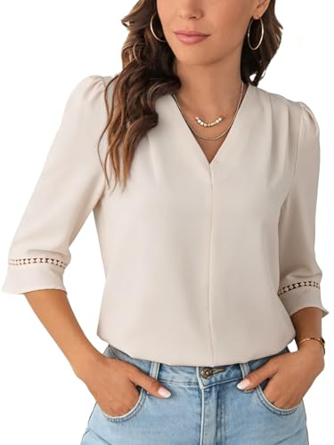 HAWILAND Damskjorta 3/4 ärm V-ringad blus elegant puffärmar chiffong business casual vår sommar skjortblus