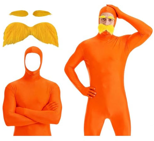 Générique Lorax Costume, Déguisement Le Lorax Orange, Combinaison Intégrale Unisexe Orange avec Fausses Moustaches et Sourcils, Idéal pour Fête, Carnaval, Halloween