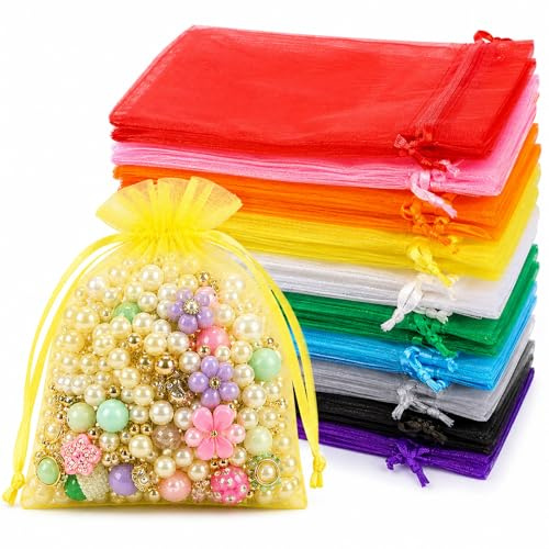 Quelcc 100 Piezas Bolsas de Organza Coloridas, 7x9cm Bolsas Organza con Cordón, Bolsitas de Tela Pequeñas para Joyas Regalos Bodas Favores Dulces