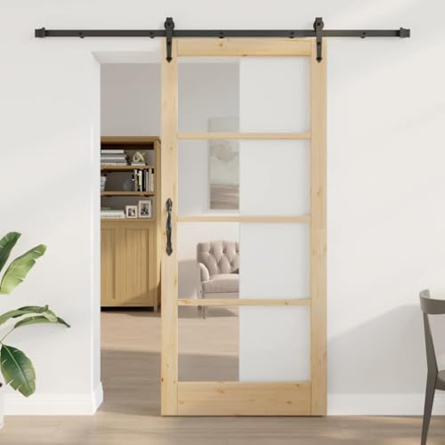 Augerlite Skjutdörr ORKDAL natur 93 x 211 cm, furu i massivt trä med glas, skjutdörr för inomhusbruk, med maskinset, tyst glidning, för hall och övergång
