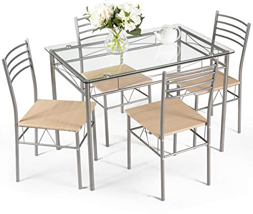 Giantex 5 Piece Dining Table Set, Kitchen Dining Set with Tempered Glass Table Top and 4 Chairs, Dinette Set for 4 for Breakfast Nook Dining Room Kitchen (Transparent)