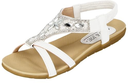 Jo & Joe Ladies Faux Leather Open Toe Sling Back T-Bar Diamante Gem Stone Flat Gladiator Summer Sandals Size 3-8 (UK 6, White)