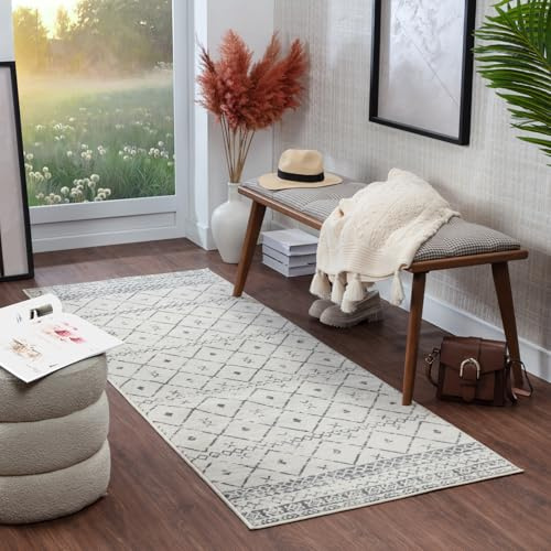 Livabliss Nagano Alfombra Geométrica - Alfombras Salon Modernas, Comedor, Cocina, Habitación - Alfombras Abstractas Estilo Bohemio, Fácil de Cuidar - Alfombra Salon Grande 80x220cm, Blanco y Gris