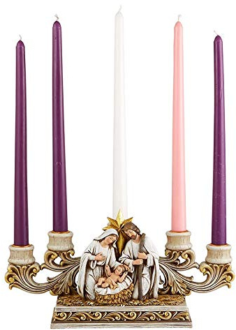 Needzo Advent Candle Holder, Gold Tone Holy Family Nativity Scene Centerpiece, Indoor Christmas Season Decoration, 11 x 6.5 Inches