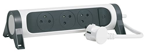 LEGRAND - Multiprise Rotative Avec Interrupteur à Voyant LED - 3 Prises Surface avec Terre - Cordon 1,5m - Blanc et Gris Foncé