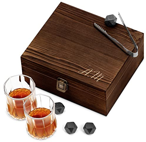 Maverton Set di Pietre da Whisky - cofanetto con incisione personalizzata - 8 cubetti di ghiaccio + 2 bicchieri - in granito - riutilizzabili - idea regalo uomo - iniziali