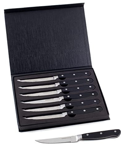 Hanseküche Steakmesser Set – 6x Hochwertige Steakmesser mit Holzgriff – Edles Besteck Set aus rostfreiem Spezialklingenstahl mit Wellenschliff und Geschenkbox (Schwarz)