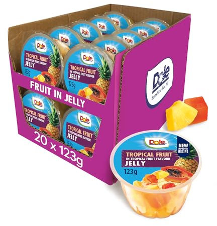 Dole Tropical Fruit in Jelly Fruit Pots 20 x 123g, Assorted Fruits, Healthy Snack, No Added Sugar Fruit Cocktail Bowls, Perfect for Breakfast & Dessert or Adding to Recipes
