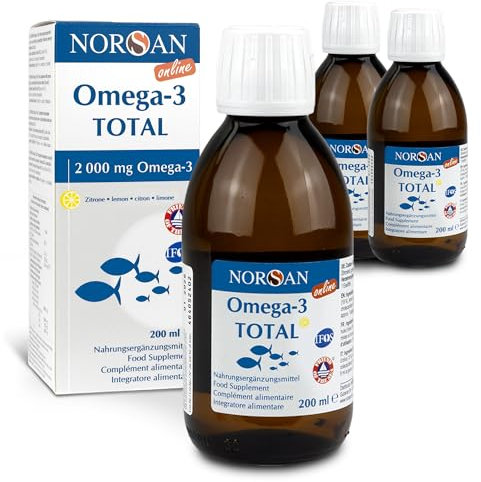 NORSAN TOTAL Zitrone Online Premium Omega 3-3er Pack (3x 200 ml) Fischöl hochdosiert mit 2.000mg Omega 3 pro Portion - Omega Öl mit EPA & DHA - Premium Öl mit 800 IE Vitamin D3