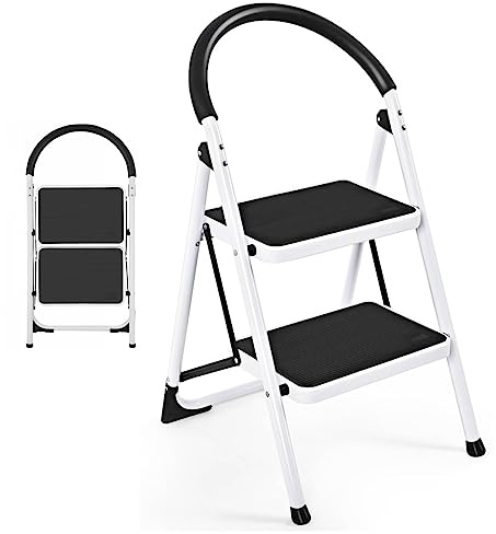 GiantexUK Folding 2/4 Step Ladder, Steel Stepladder with Anti-Slip Pedal and Reinforced Crossbar, Portable Safety Ladder Stool for Home Kitchen Garage Workshop, 150kg Weight Capacity(2 Step) | with Anti-Slip Pedal and Reinforced Crossbar, Portable Safety Ladder Stool for Home Garage Workshop, 150kg Weight Capacity