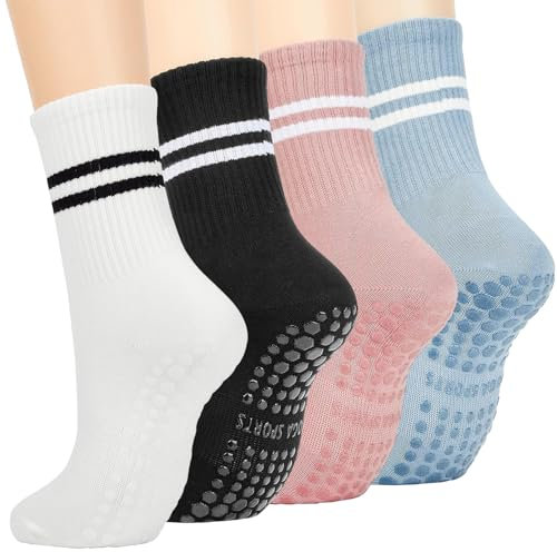 EUDUQ Stoppersocken Damen 35-40, 4 Paar Antirutschsocken mit Noppen für Yoga, Pilates, Barre, Trampolin und Sportsocken (Schwarz/Weiß/Hellblau/Rosa)
