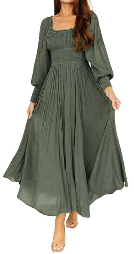 R.Vivimos Women's Puff Long Sleeve Maxi Dress Square Neck Elastic Empire Waist Swiss Dots Casual Flowy A-Line Long Dresses (Medium, ArmyGreen)