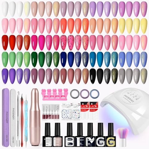 Phoenixy 25 Colores Kit Uñas Semipermanentes con Lima Electrica Uñas 30 PCS Uñas Semipermanentes Kit Completo con 48 W Lampara U V/LED DIY Nail Art Set para Principiantes