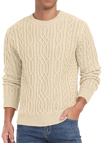 Hisir Mens Cable Knit Jumper UK Crew Neck Winter Jumpers Long Sleeve Pullover Sweater Tops for Men (Beige, M)