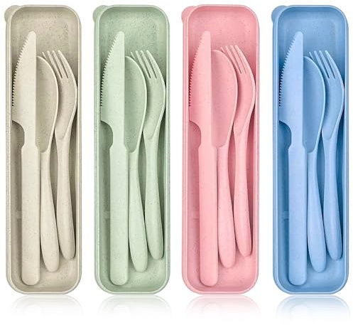 4 Sets Portable Travel Cutlery Set with Case, Reusable Plastic Camping Cutlery Sets, Plastic Cutlery Set with Spoons Fork Knife for Picnic Camping