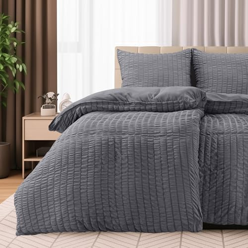 Utopia Bedding Seersucker påslakan säng 90-2 påslakan i mikrofiber Seersucker 135 x 200 cm och 2 örngott 80 x 80 cm (grå)