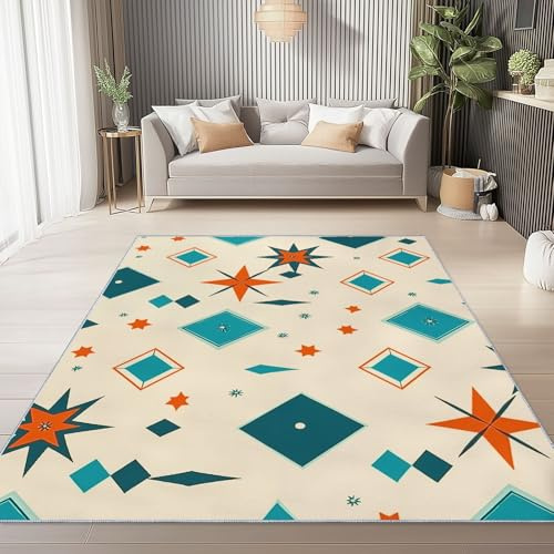 Generisch Weicher Flanell Teppich 80 x 150 cm, Creme Moderner rutschfeste Teppiche mit Vintage Sterne Rauten Druck für Wohnzimmer Schlafzimmer Kinder und haustierfreundlich
