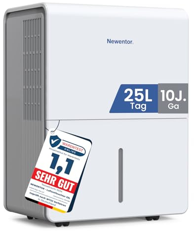 Newentor Luftentfeuchter elektrisch 25L, Entfeuchter elektrisch keller, Raumentfeuchter elektrisch, Dehumidifiers for home für 215m³/80m², mit Timer, Filter, Ablaufschlauch, 10 J. Gar.