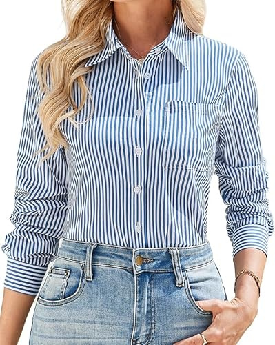 IBAOTORONI Women’s Cotton Long Sleeve Collared Striped Button Down Shirt