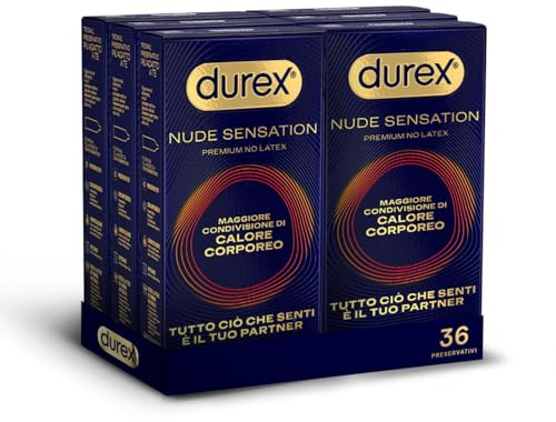 Durex Nude Sensation, Preservativi in Nitrile, Senza Lattice di Gomma Naturale, Ultra Sottili ed Extra Lubrificati, Maggiore Condivisione di Calore Corporeo, vestibilità Regular, 36 Profilattici