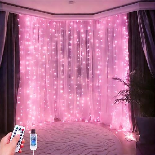 HOLITS 300 luces LED de cortina de hadas, 9.8 x 9.8 pies, enchufe USB rosa, 8 modos de luces colgantes con control remoto para Navidad, dormitorio, interior, exterior, bodas, fiestas (rosa)