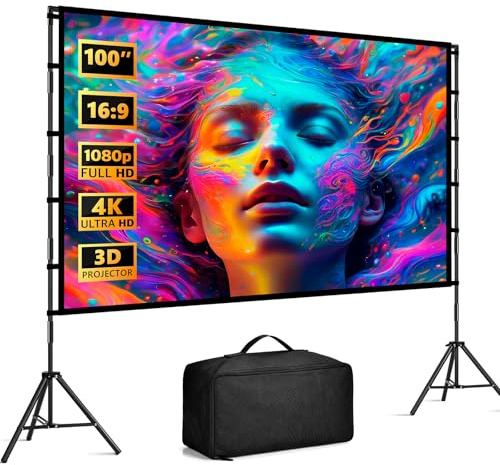 Gigmeta 120 Tum Projektorduk med Stativ, 4K HD Hopfällbar Filmduk 16:9, Skrynkelfri Tvättbar Hemmabio för Fram och Bak, Bärbar för Utomhus