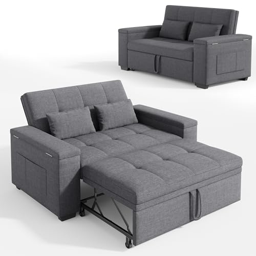 Xbro Divano Letto 2 Posti in Lino, Letto Esteso 175x116 cm, Convertibile 3 in 1 con 2 Cuscini e Tasche Laterali, Compatto Salvaspazio per Soggiorno e Camera Ospiti, 156x74x84 cm, Grigio Scuro