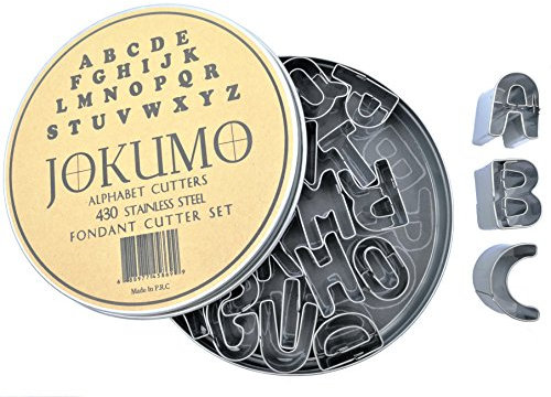 JOKUMO Mini Alphabet Letters A-Z Fondant Cutters Set – 26 PC High Grade 430 Stainless Steel with Storage Tin and Shape Identify Base Paper – Perfect for Icing, Fondant, Vegetable and Fruit