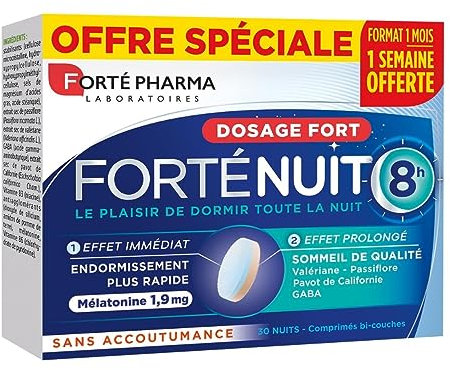 Forté Pharma - ForteNuit 8h - Complement Alimentaire Sommeil adulte à base de melatonine 1.9mg, GABA, Valériane Passiflore - Endormissement rapide favorisé, Douce nuit - 30 comprimés Bi-couches