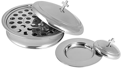 Mayur Exports Kommunionsware, stapelbar, 1 Kommunionstablett mit Deckel und 1 Brotteller mit Abdeckung für Kirchen, Edelstahl, glänzend (Spiegel)