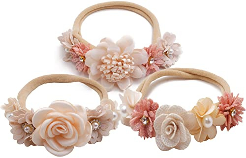 Utaly Flower Headband for Baby Girls 3pcs Elastic Baby Girl Floral Crown Newborn Infant Toddler Hair Accessories
