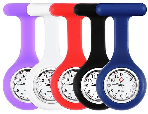 JSMTKJ Krankenschwester Uhren,5 Pcs Schwesternuhren mit Clip Dehnbare Silikon Hülle Arabisch Ziffern Quarz Taschenuhr für Krankenschwestern und Ärzte