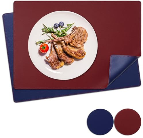NOSTHEART Tischsets Abwaschbar 2er Set, Platzsets Abwischbar Tischsets Leder Hitzebeständig rutschfest Platzdeckchen mit Untersetzer Rund, Doppelseitigen Mit Randnähten, Königsblau Rot