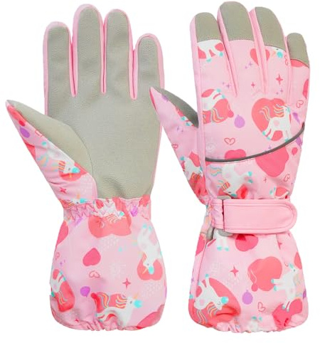 Jupsk Kids Winter Ski Gloves Waterproof Anti Slip Plush Thermal Snowboard Unicorn Pink Gloves Mittens for Children Girls and Boys Age 3-14
