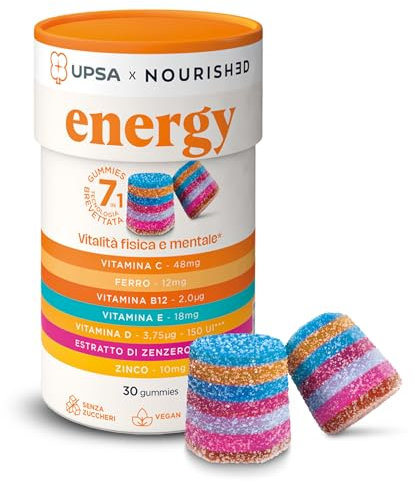 UPSA Gummies - Vitalità Fisica e Mentale, Riduzione Stanchezza Gummies x30 - Senza Zuccheri - Vitamine C, D, B12, Zinco, Ferro e Zenzero - Energy Integratore Alimentare - con Edulcoranti, Vegan
