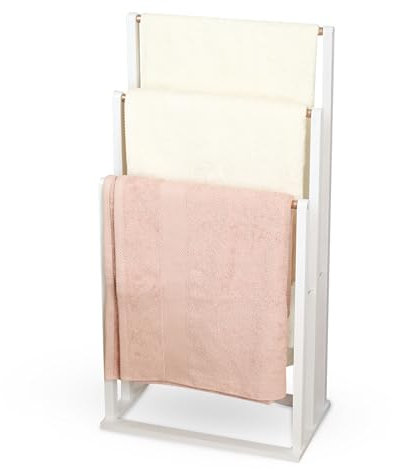 Froppi Free Standing Towel Rail Bathroom Hand Towel Holder White Bamboo with 3 Golden Metal Bars L42 W24 H81.5 cm