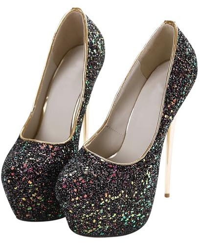 Glitterpumps dam stilett hög klack klack platå plattform rund tåhätta pumps 16 cm fest bröllop klänning skor, svart, 43 EU